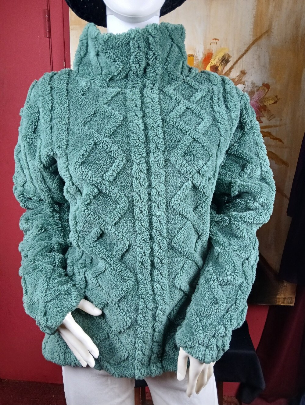 Eddie Bauer Green Cable Fleece Mock Neck Pullover Sweater S